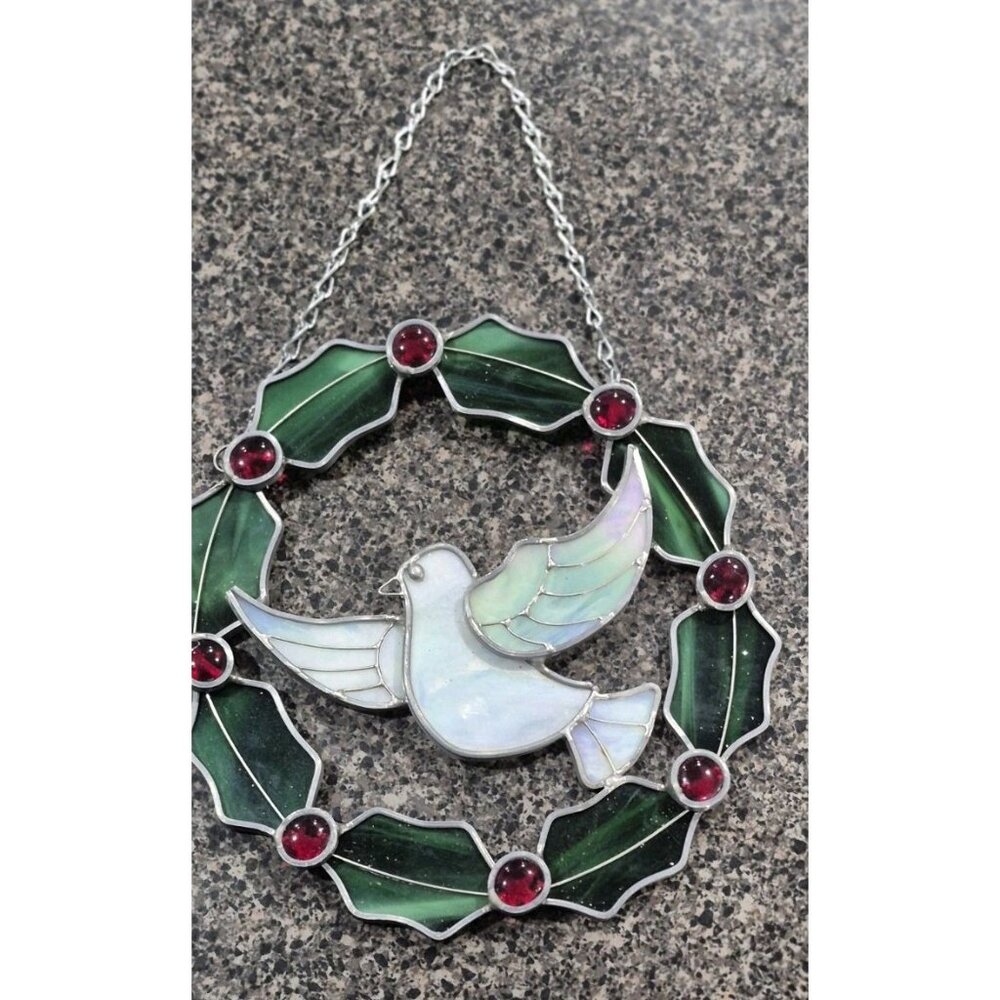 Stained Glass Christmas Dove 9” Window Hanging Suncatcher